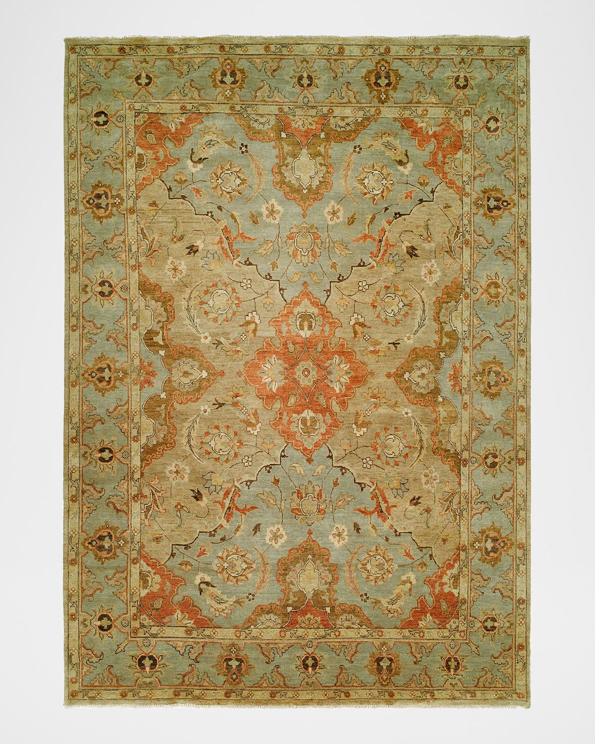 Damask on Blue Hand-Knotted Oushak Rug