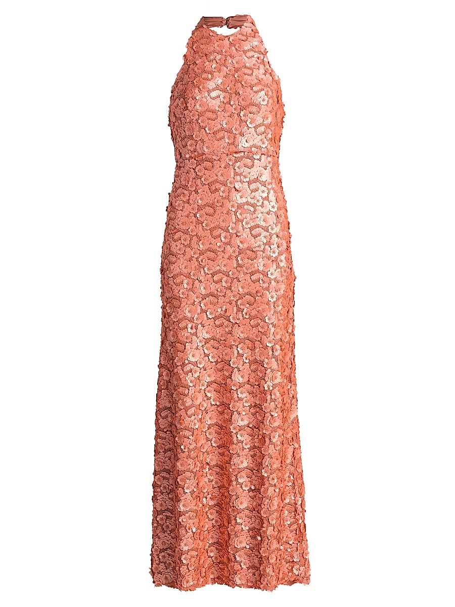 Women's Giada Floral Sequined Halter Gown - Coral Paillette - Size 14