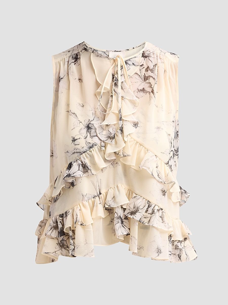 Women's Ariette Hand-Sketched Floral Top - Gardenia Black - Size XL