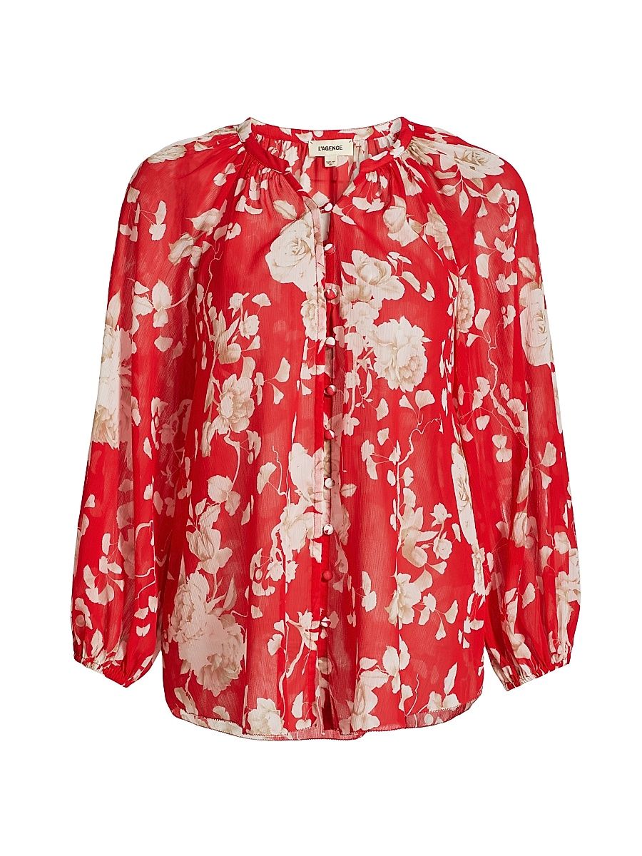 Women's Teagan Floral Semi-Sheer Button-Front Blouse - Red Ivory Ikebana - Size Medium