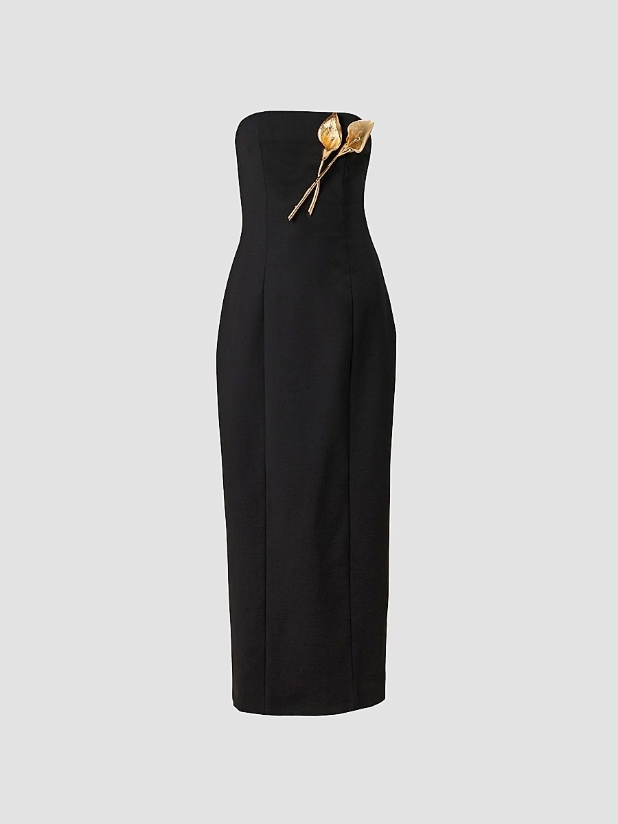 Women's Floral Brooch-Detailed Stretch Wool Gown - Black - Size 10