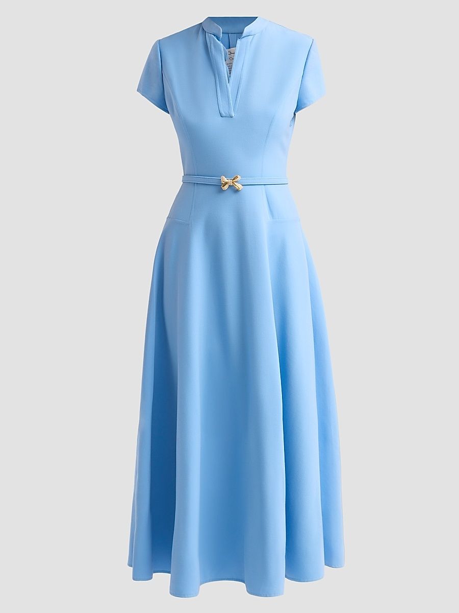 Women's Bow Hardware Stretch Wool Day Dress - Talc Blue - Size 16
