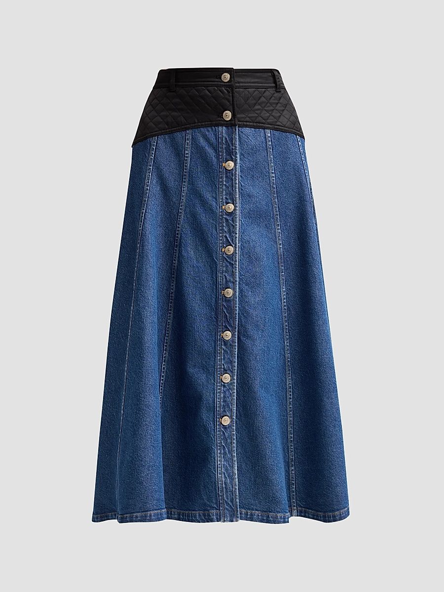 Women's Quentin Mixed-Media Quilted Denim Midi Skirt - Tide Black - Size 00