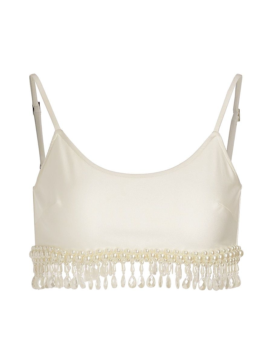 Women's Hand-Beaded Jersey Crop Top - White - Size XS