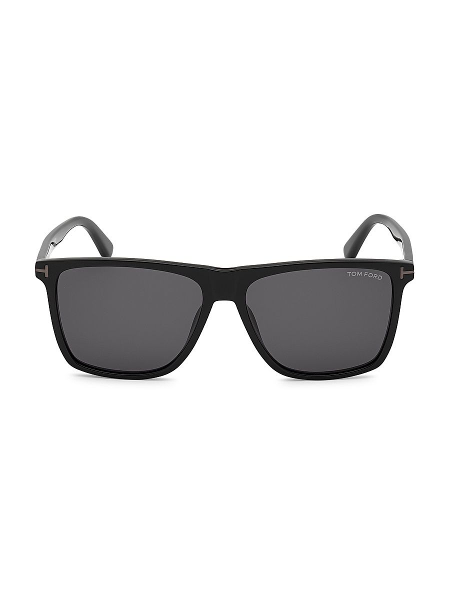 Men's Fletcher 57MM Rectangular Sunglasses - Shiny Black Blue Lenses