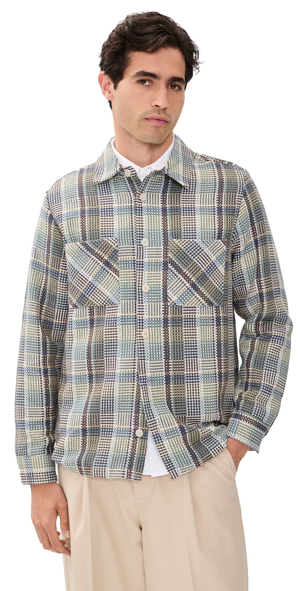Wax London Whiting Basket Weave Overshirt Blue/Green XL