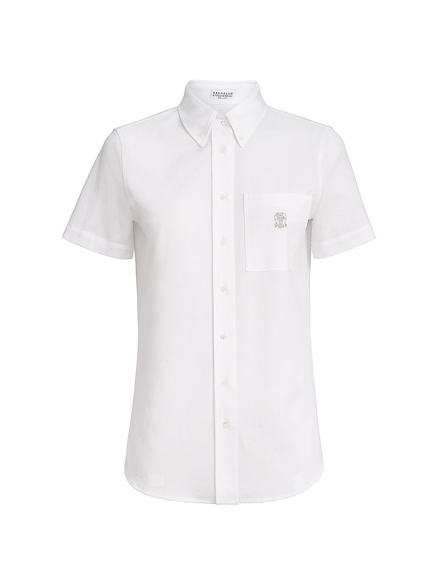 Women's Stretch Cotton Piqué Short Sleeve Shirt - White - Size Large