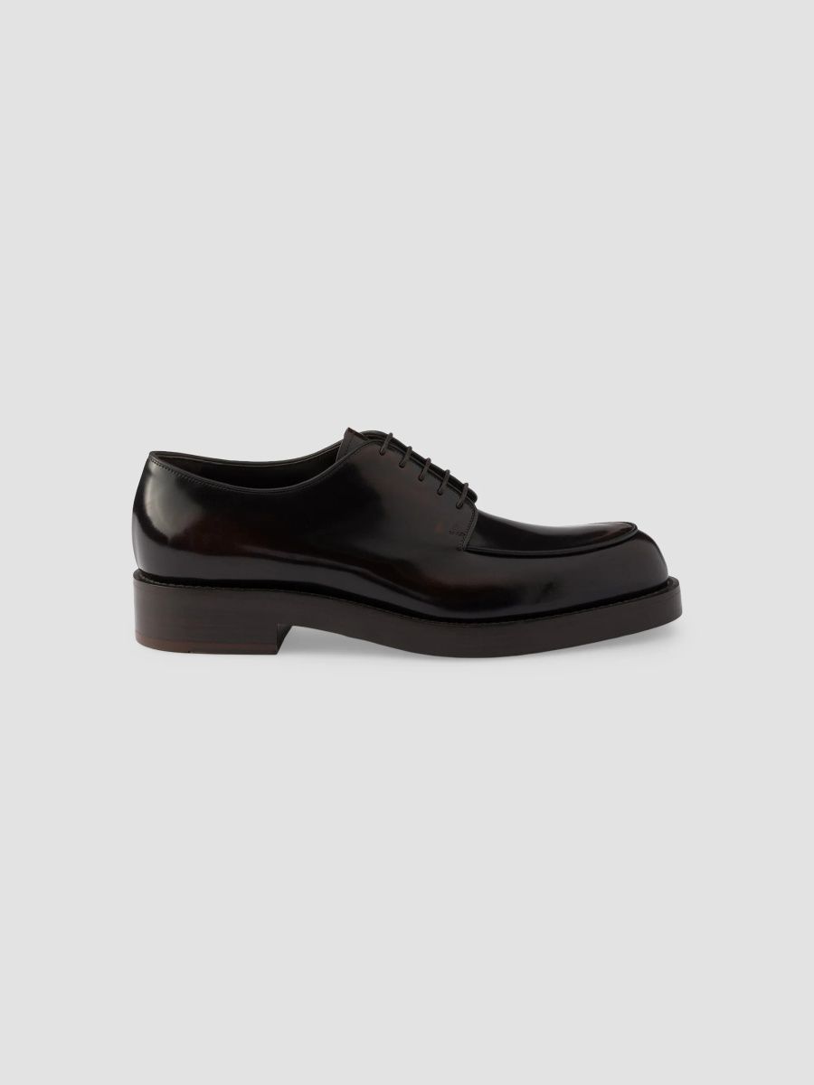Prada Men's Brushed Leather Derby Shoes - Brown - Size 11