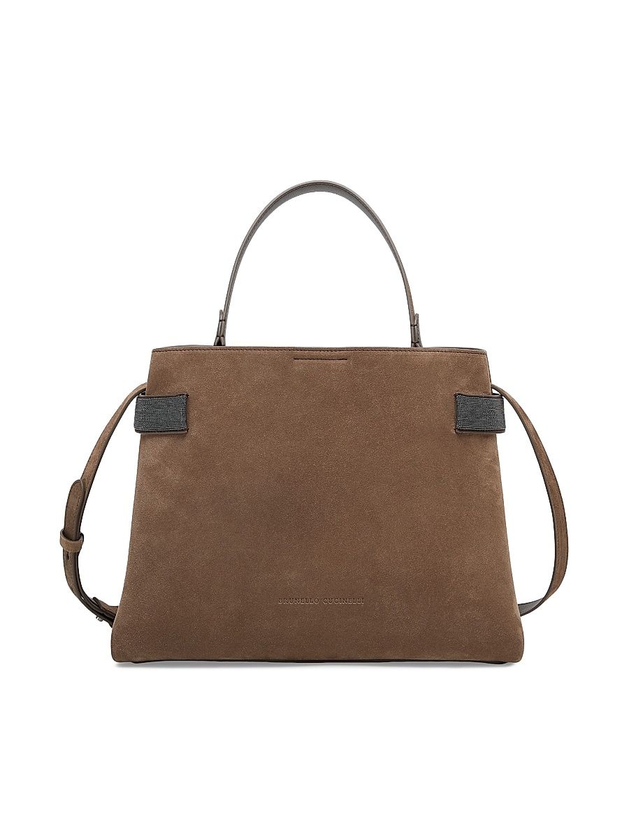 Women's Essence Top Handle Bag in Suede with Precious Bands - Bark