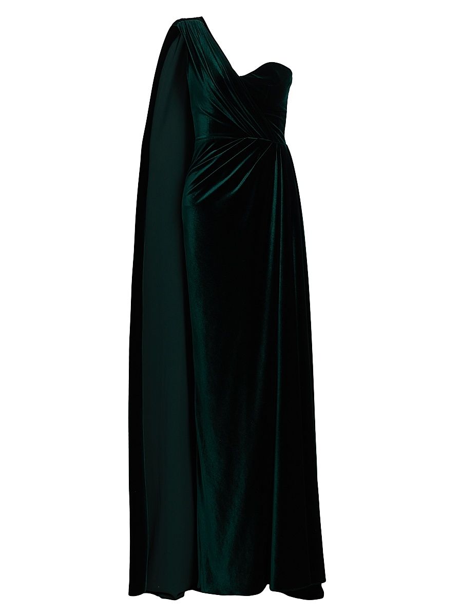 Women's One-Shoulder Cape Column Gown - Deep Green - Size 8