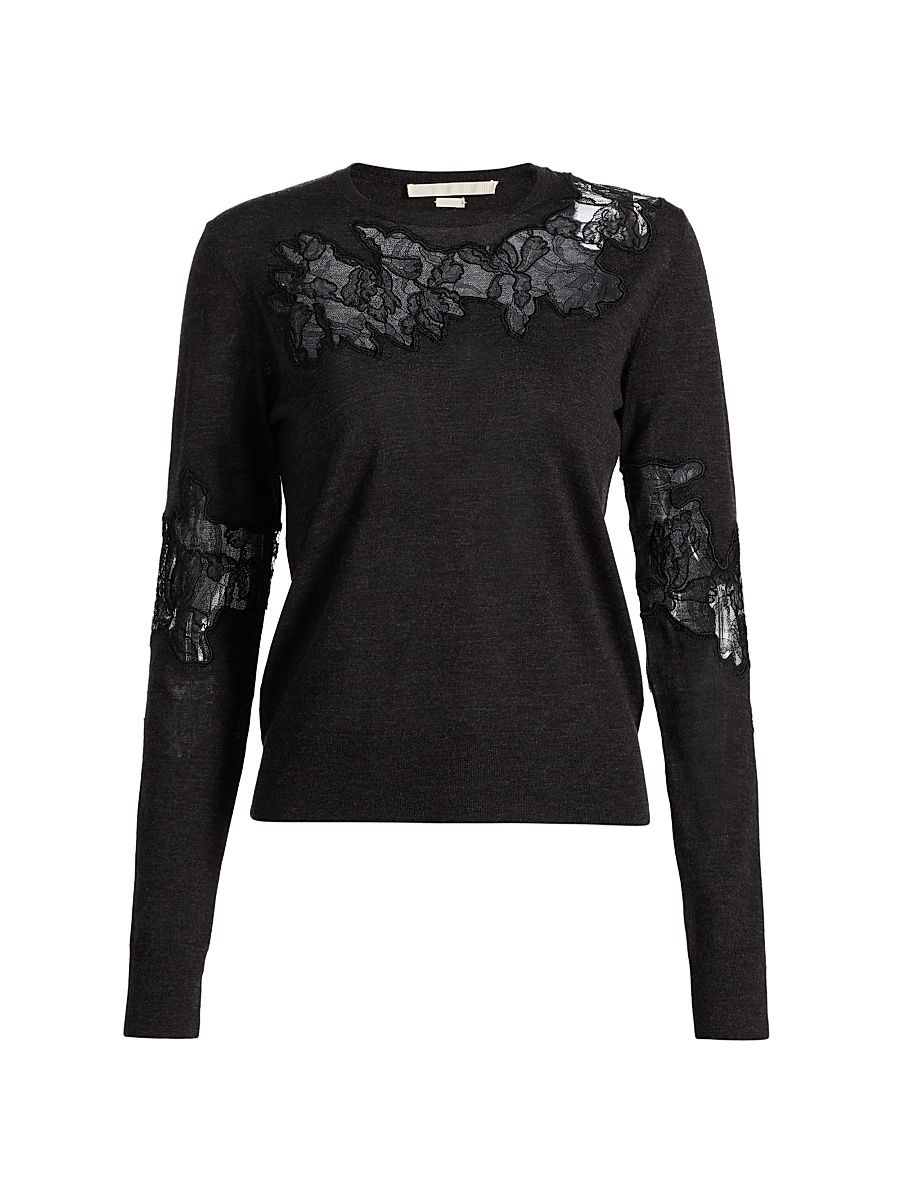 Women's Lace Wool Crewneck Sweater - Papaya - Size XL