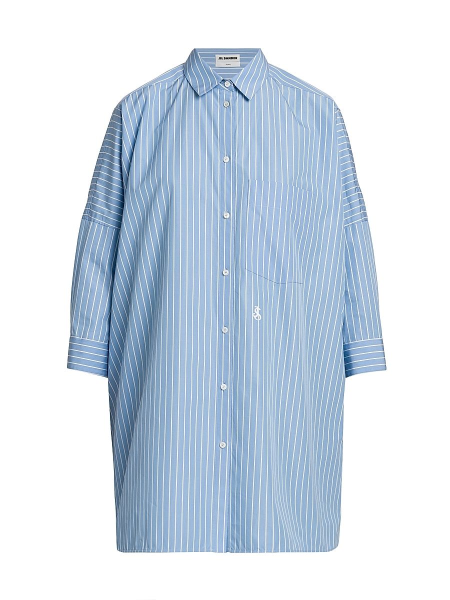 Women's Oversized Stripe Cotton Button-Front Shirt - Blue Sky - Size 4