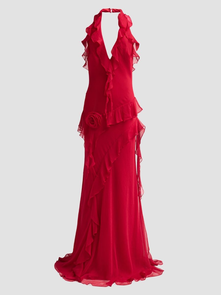 AMUR Women's Lola Halterneck Ruffled A-Line Gown - Ruby Rose - Size 0