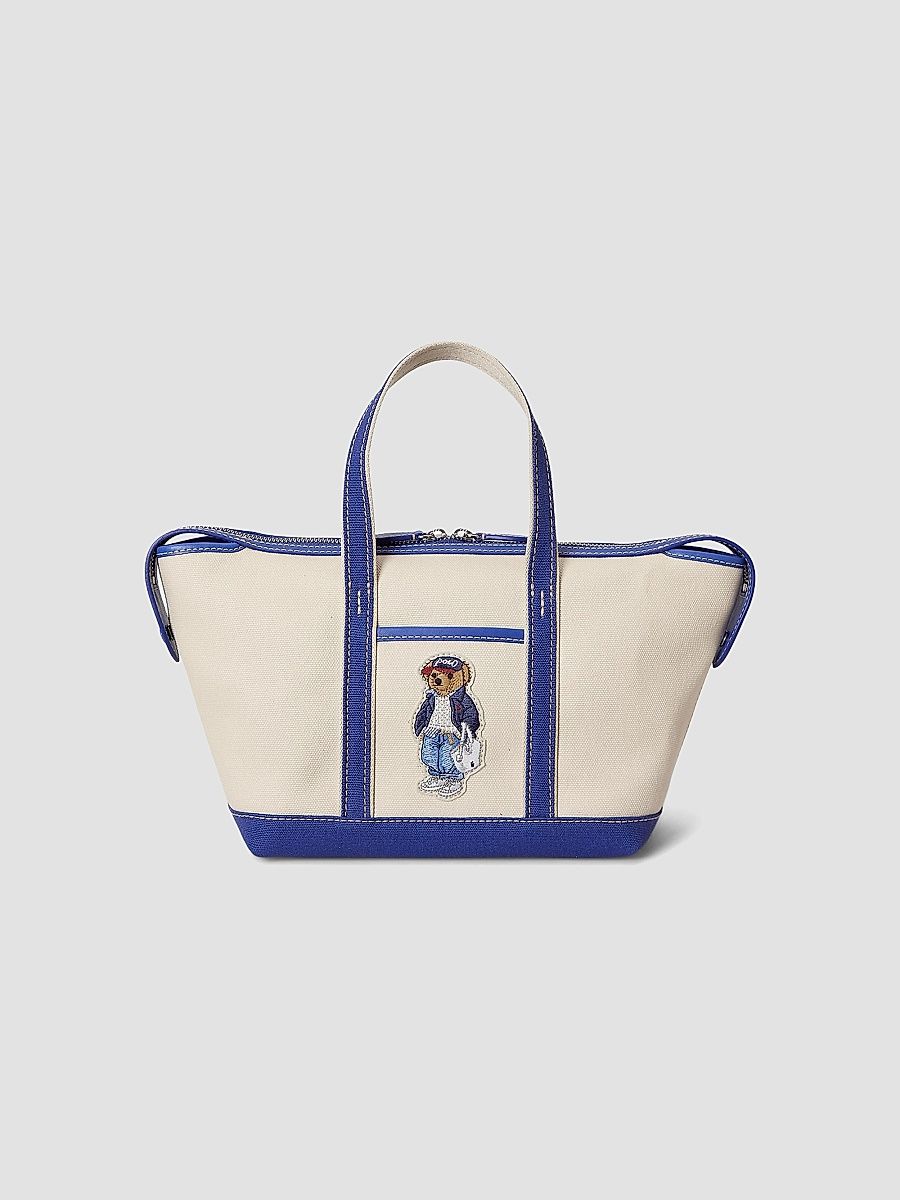 Polo Ralph Lauren Women's Small Spring Bear Canvas Shopper Tote Bag - Ecru And Indigo Sky