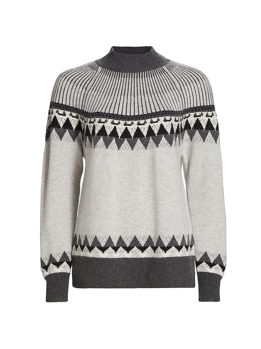 Women's Cashmere Fair Isle-Style Sweater - Grey Combo - Size Small