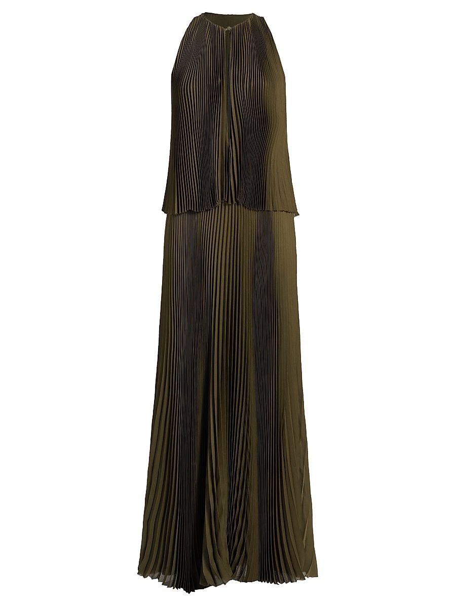 Women's Pleated Tiered Halter Maxi Dress - Olive Green - Size 12