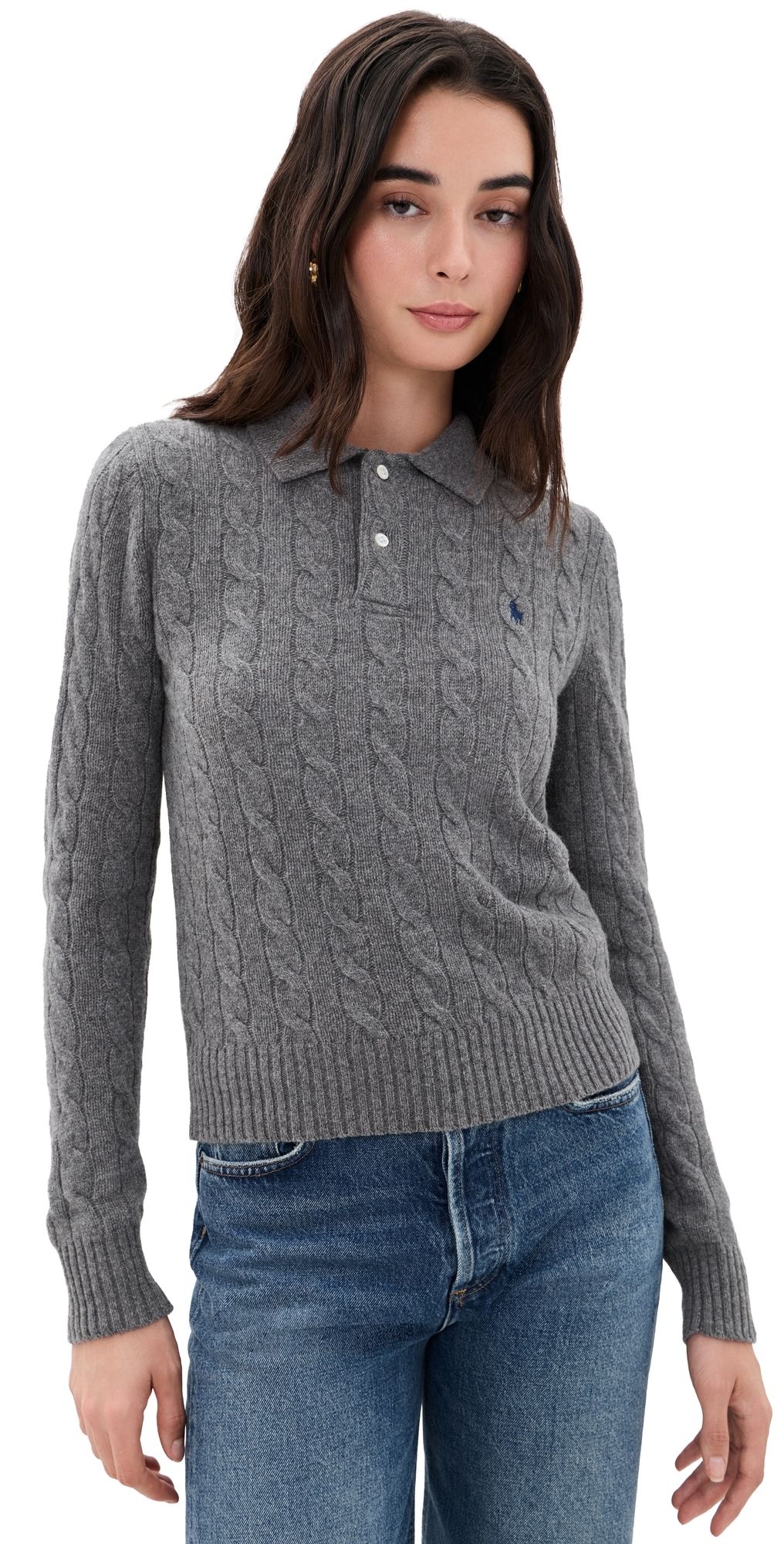 Polo Ralph Lauren Cable Knit Polo Sweater Flannel Grey Heather M
