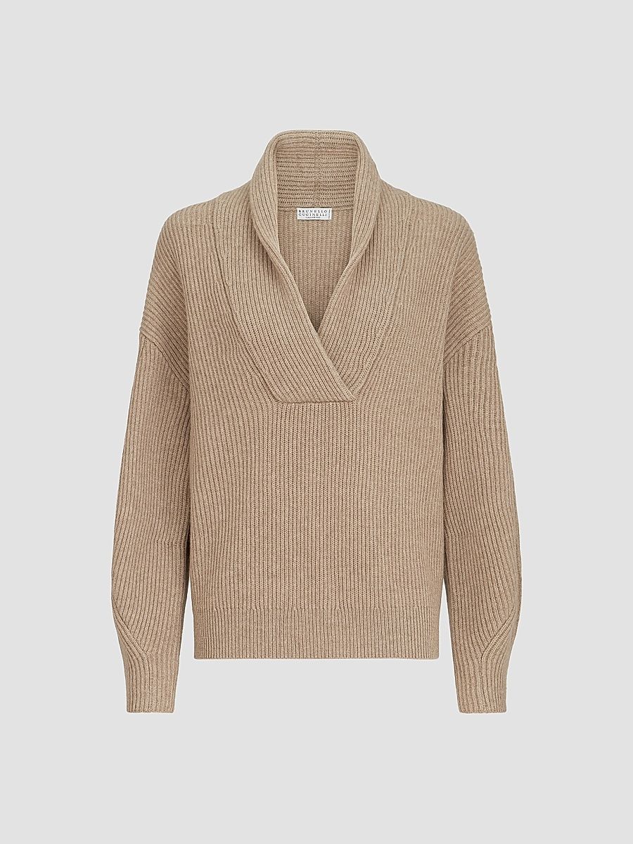 Women's Cashmere English Rib Sweater with Monili - Cashmere Beige - Size XXXL