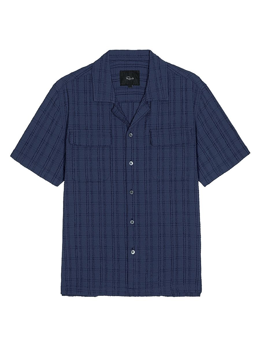 Men's Rook Textured-Grid Seersucker Camp Shirt - Navy - Size XL