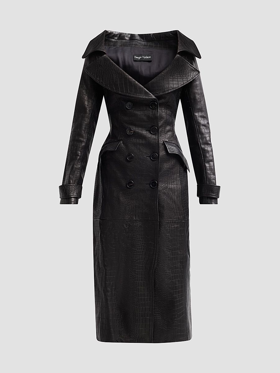 Sergio Hudson Women's Croc-Embossed Leather Trench Coat - Black - Size 8