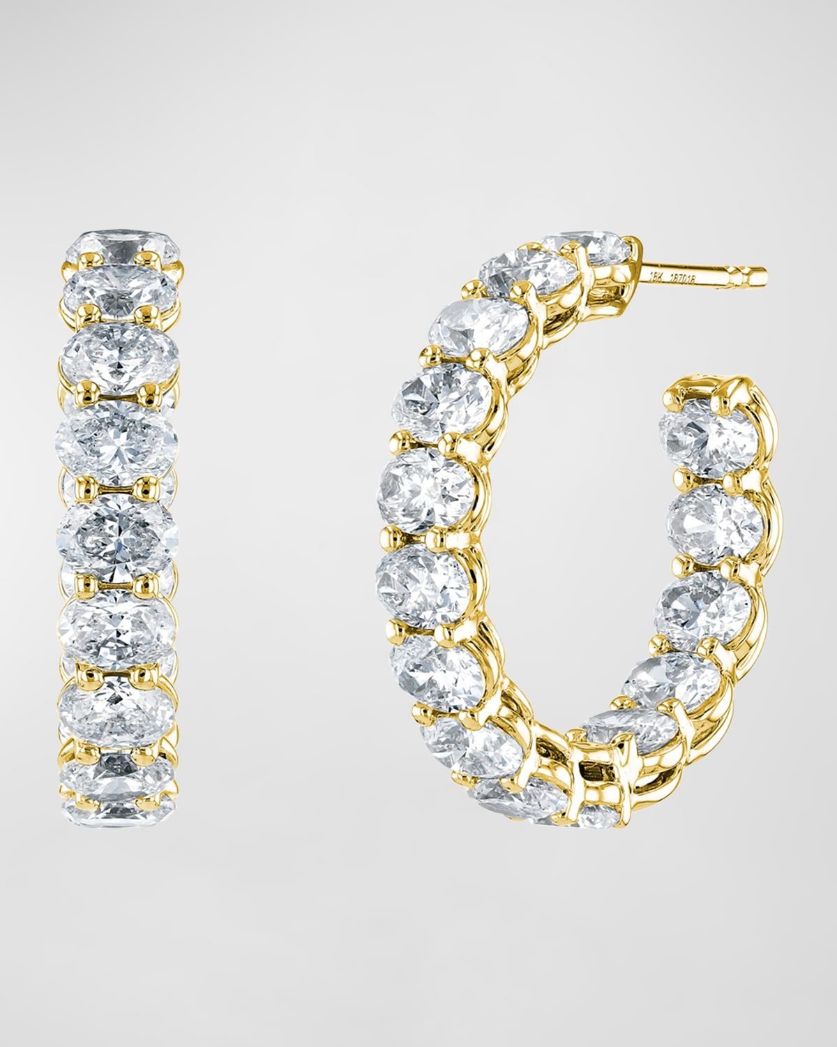 18K Gold East-West Oval-Cut Diamond Hoop Earrings, 9.9tcw/1"L