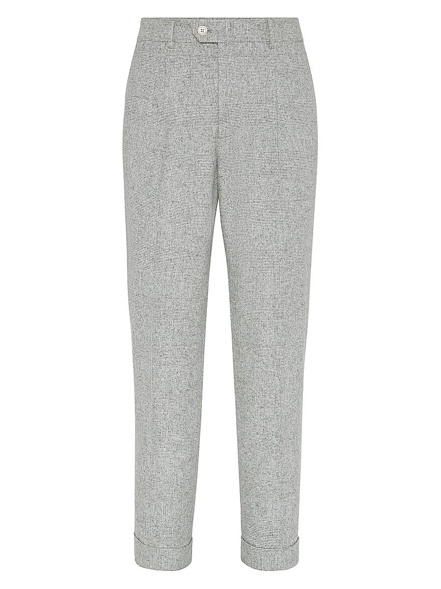 Men's Flecked Prince of Wales Flannel Leisure Fit Trousers - Light Grey - Size 48