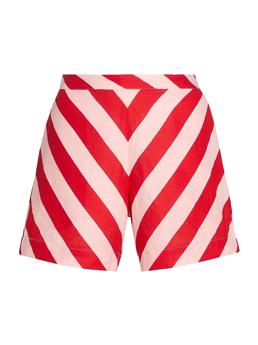Women's Pushpanjali Summer Striped Linen-Cotton Shorts - Blush And Red Stripes - Size Large
