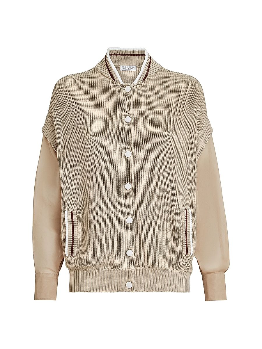 Women's Cotton English Rib Cardigan with Organza Sleeves - Beige - Size Large