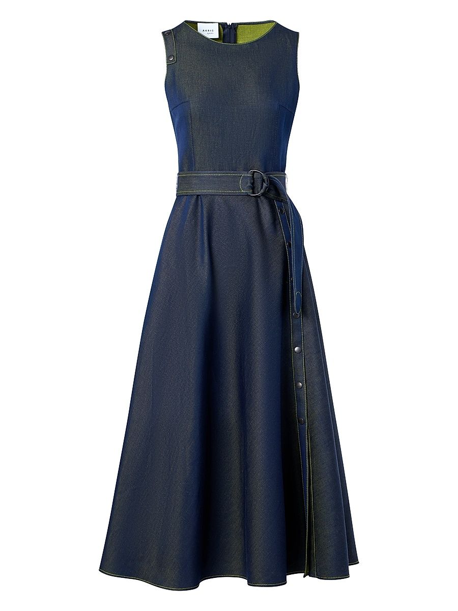 Women's Denim Belted Sleeveless Midi-Dress - Medium Blue Denim Lemon - Size 16