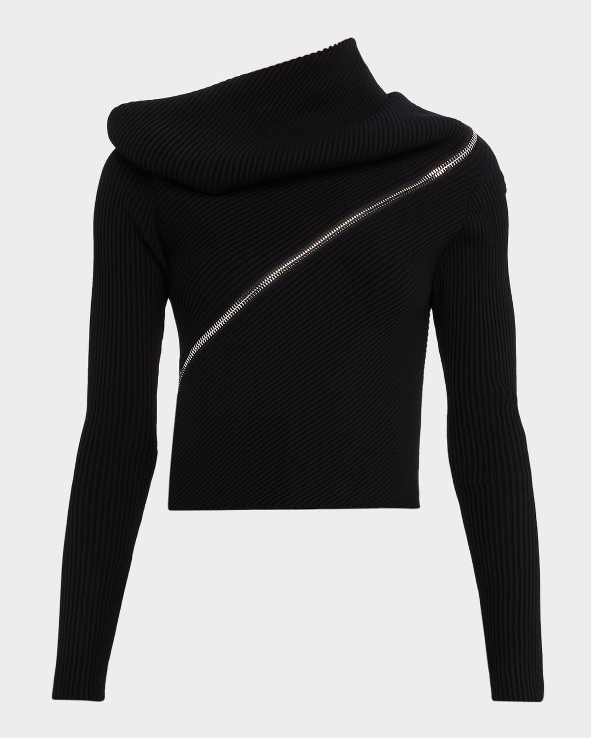 Spiral Zipped Cowl-Neck Rib Crop Sweater