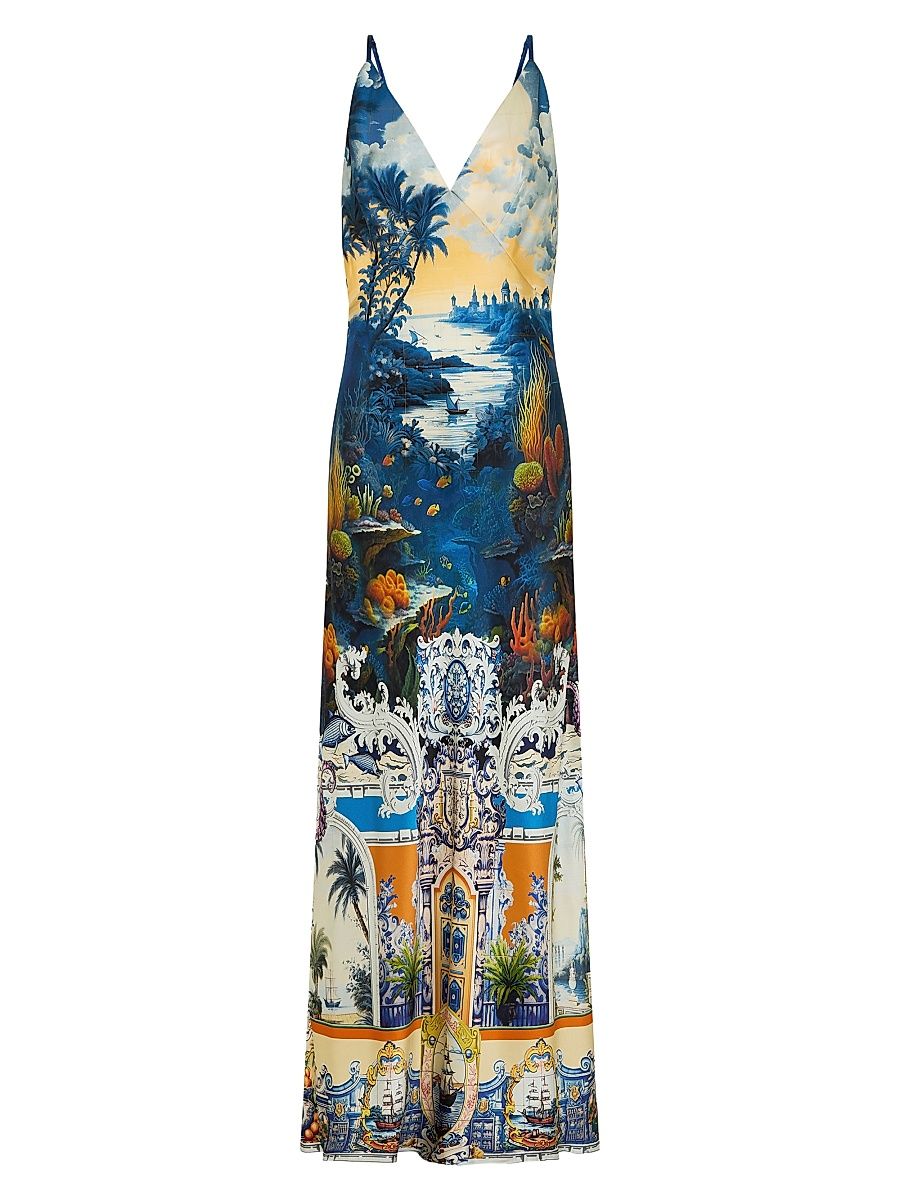 Women's Printed Silk V-Neck A-Line Maxi Slipdress - Song Of Saint Anthony - Size Large