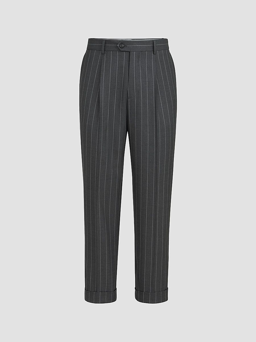 Men's Super 150s Virgin Wool Wide Chalk Stripe Batavia Trousers with Pleats - Grey - Size 34