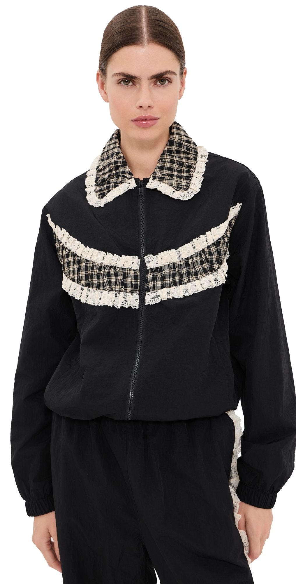 Tanner Fletcher Kennedy Ruched Stripe Track Jacket Black Plaid S