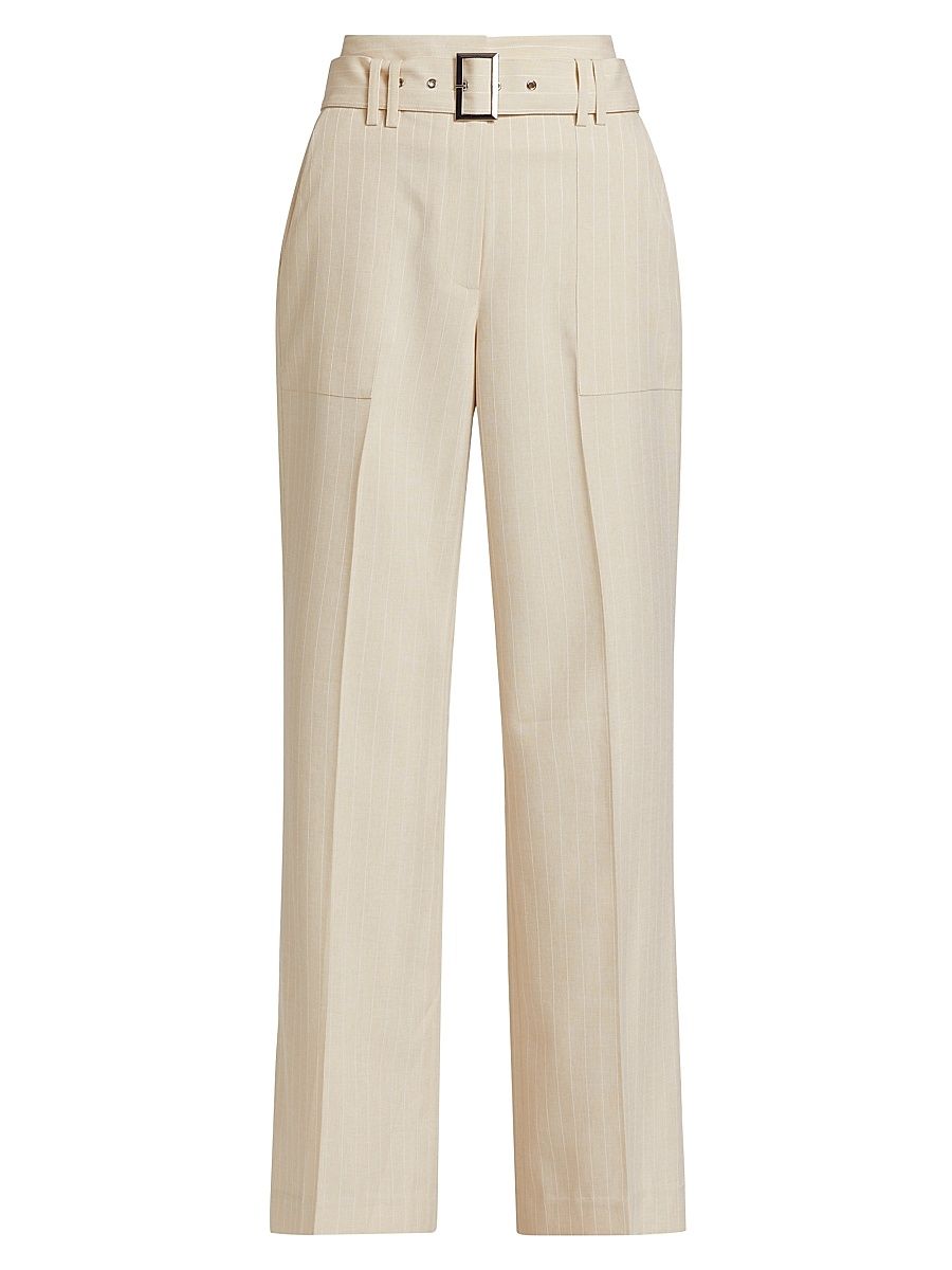Women's Diana Pinstriped Belted Pants - Tan And White Stripe - Size 6