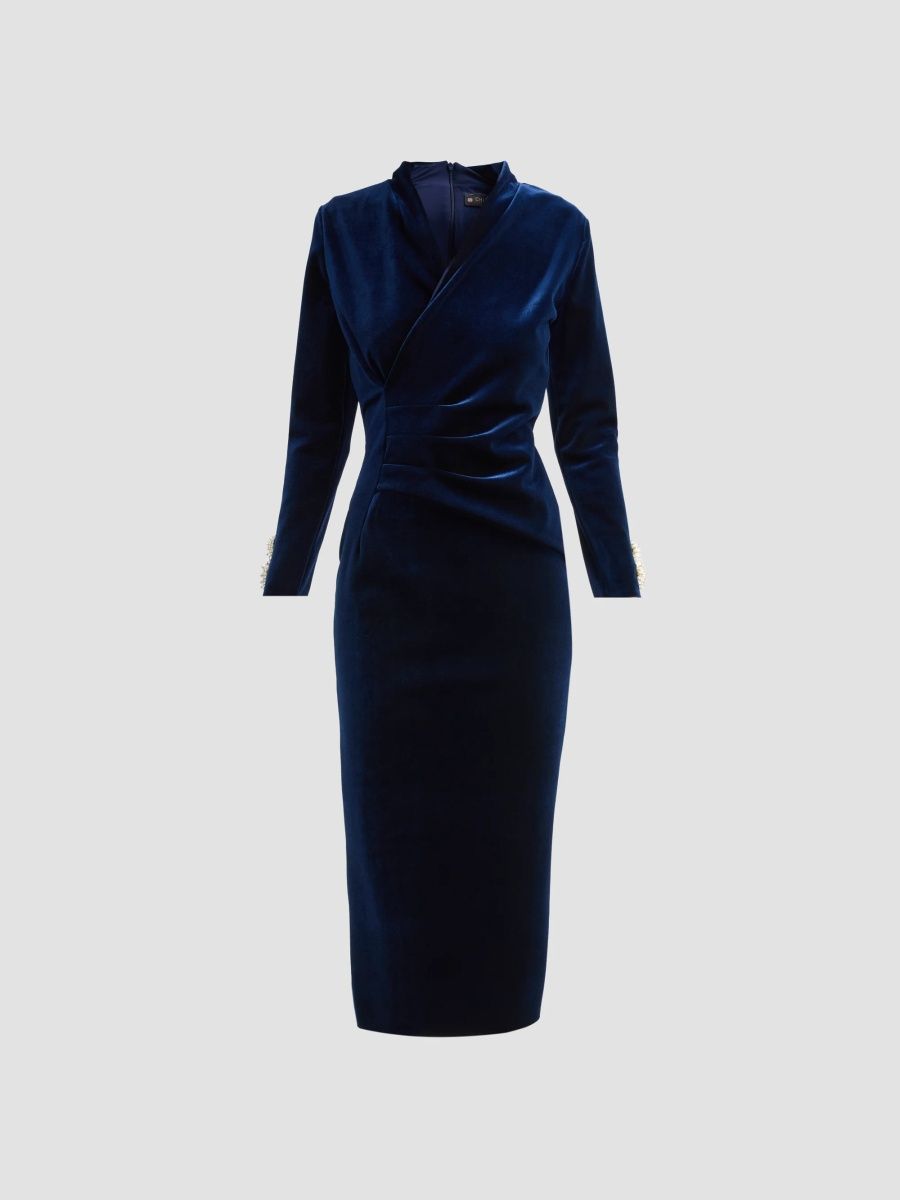 Chiara Boni La Petite Robe Women's Medey Ruched Velvet V-Neck Midi Dress - Blue Notte - Size 16