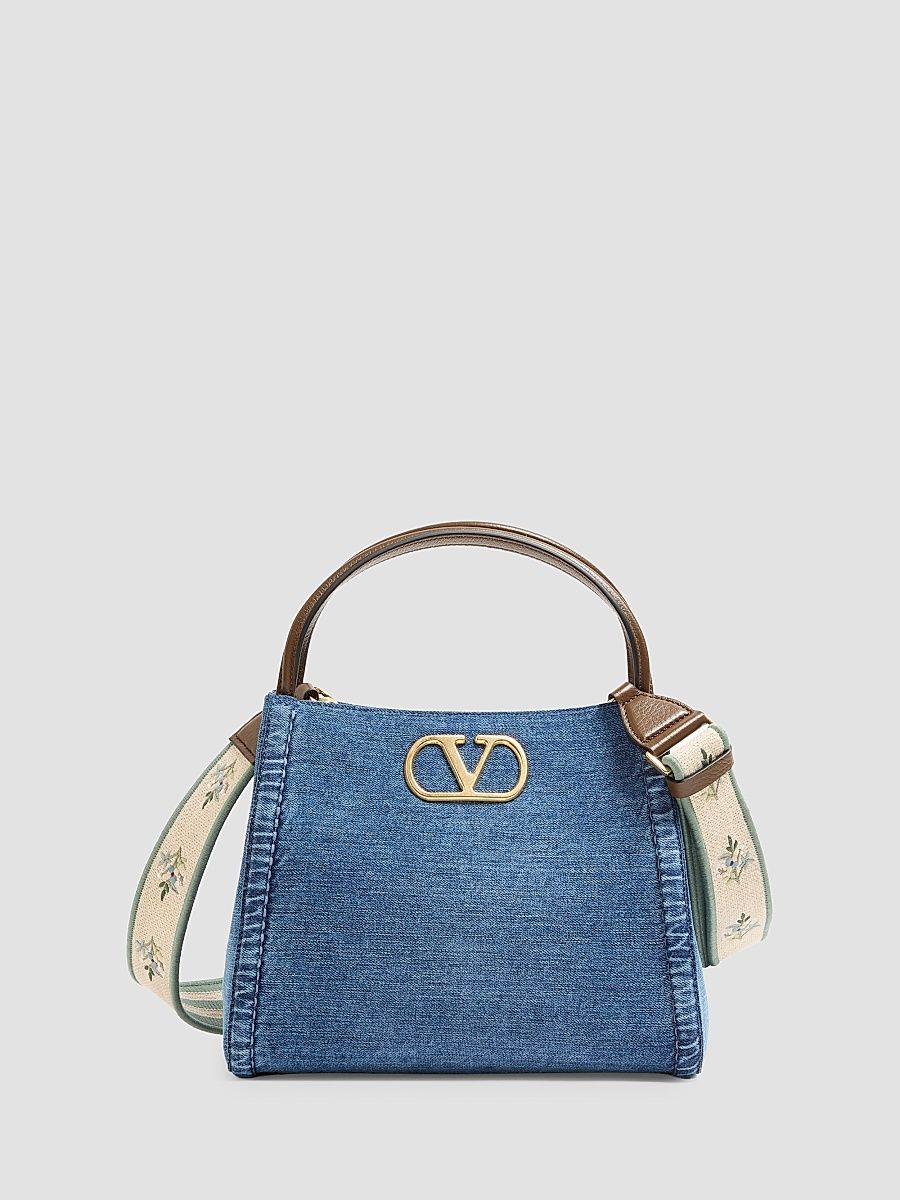 Women's Alltime Medium Top Handle Bag in Denim with Embroidered Strap - Denim