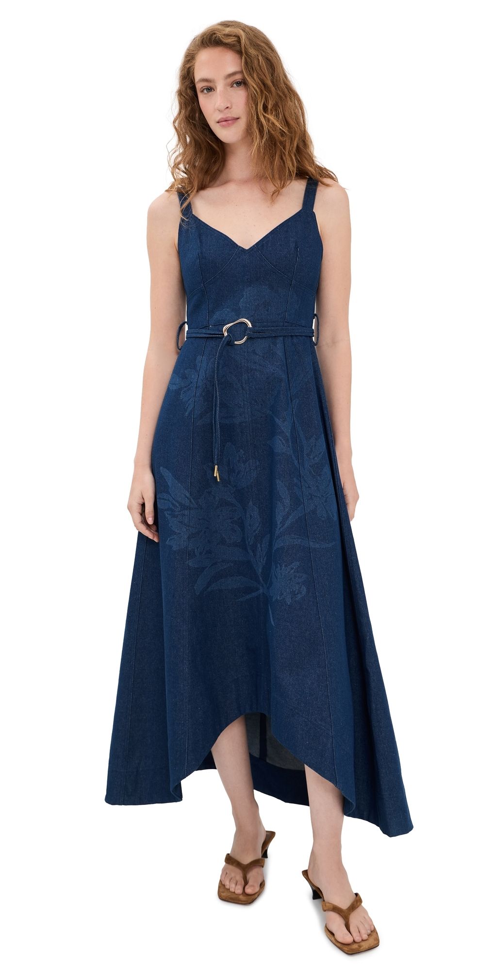 Moon River Self Belt Midi Denim Dress Indigo XS