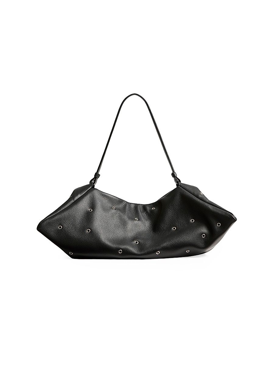 Women's Origami Grommeted Leather Shoulder Bag - Black Silver