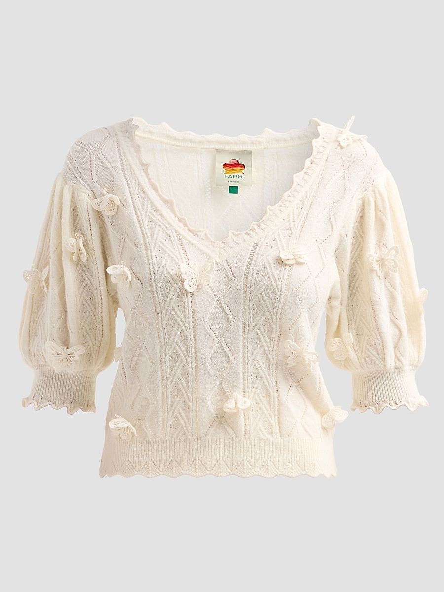 Farm Rio Women's ​Richilieu 3D Butterfly Knit Top - Off White - Size XL