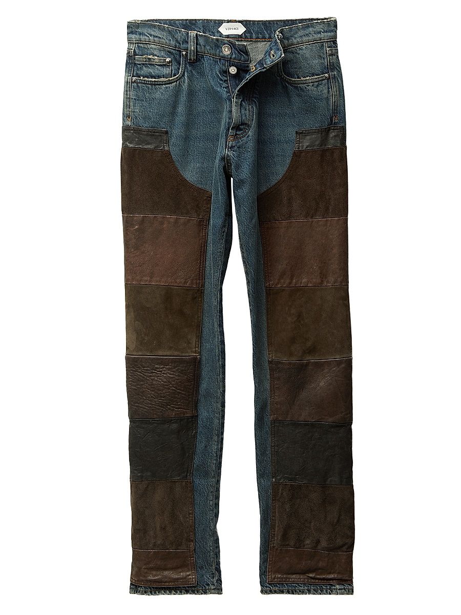 Women's Patchwork Straight-Leg Leather Jeans - Multi Color - Size 30