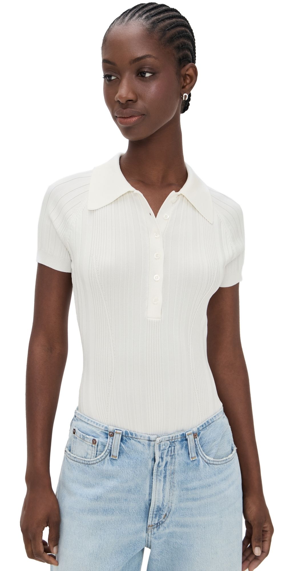 Fleur du Mal Rib Polo Thong Bodysuit Ivory M