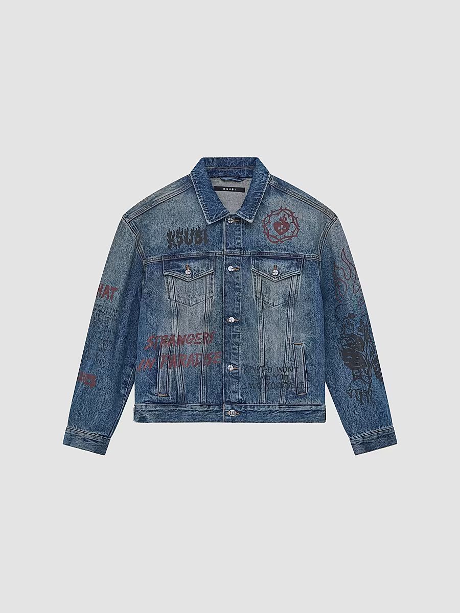 Men's Graphic Cotton Denim Trucker Jacket - Denim - Size Small