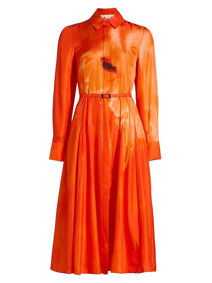 Women's Watercolor Floral Silk Pleated Shirtdress - Papaya Chalk Multi - Size 14