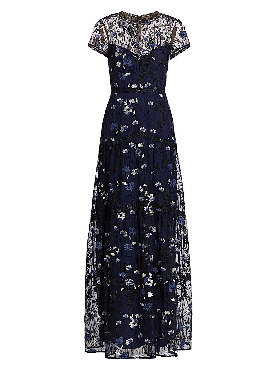 Women's Floral Embroidered Mesh Gown - Navy Multi - Size 6
