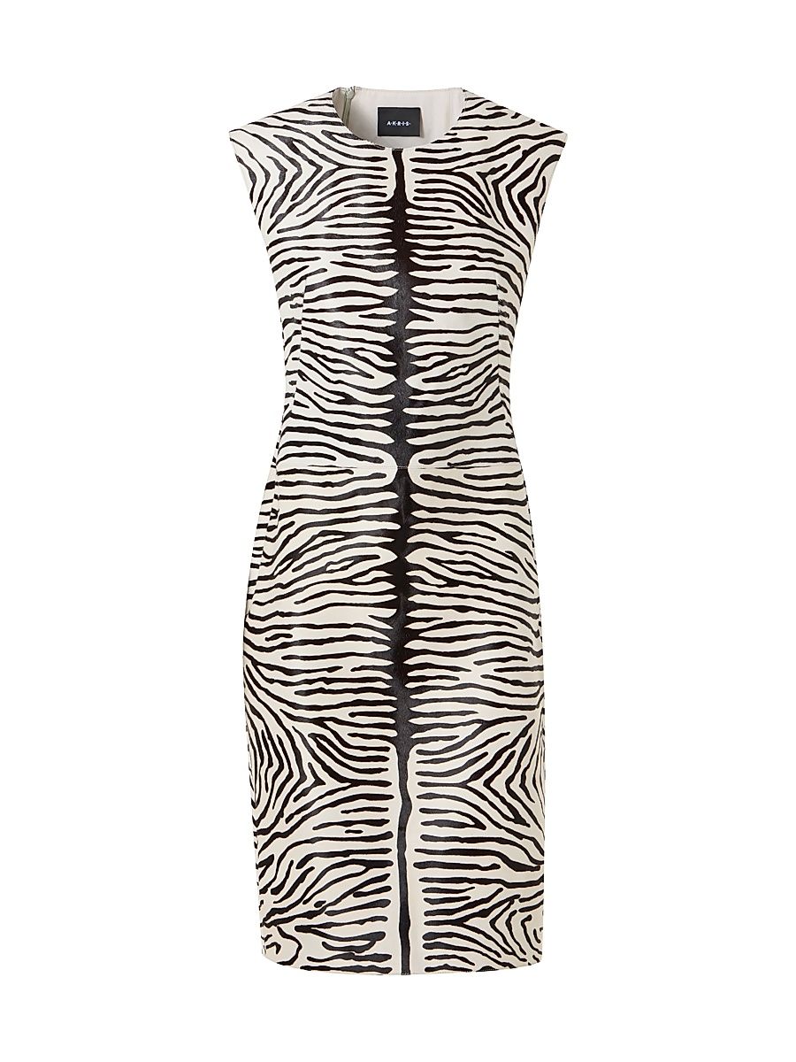 Women's Zebra-Print Leather Sheath Dress - Ecru Black - Size 10