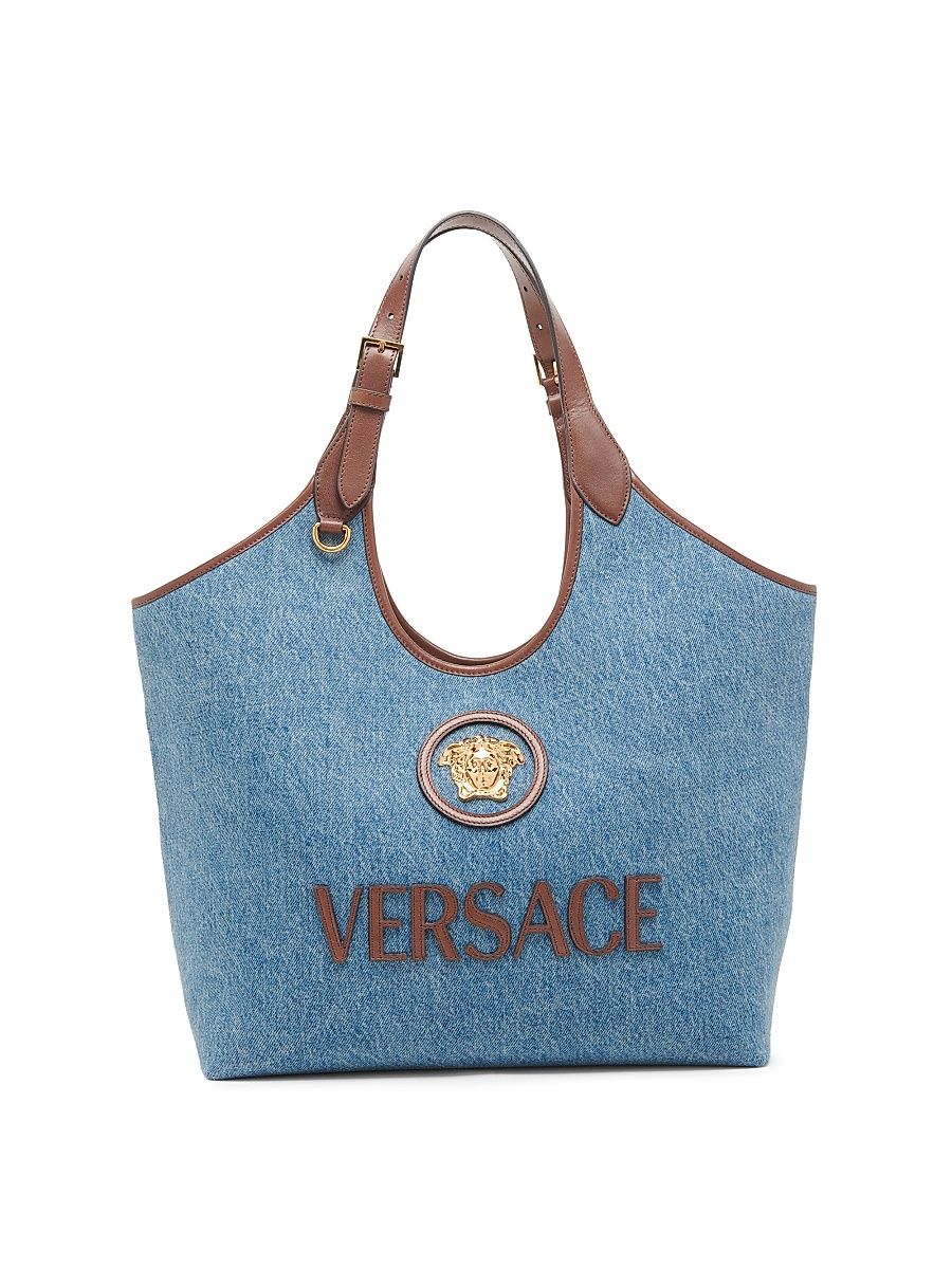 Women's Medusa Logo Denim Tote Bag - Denim Vintage Brown Gold
