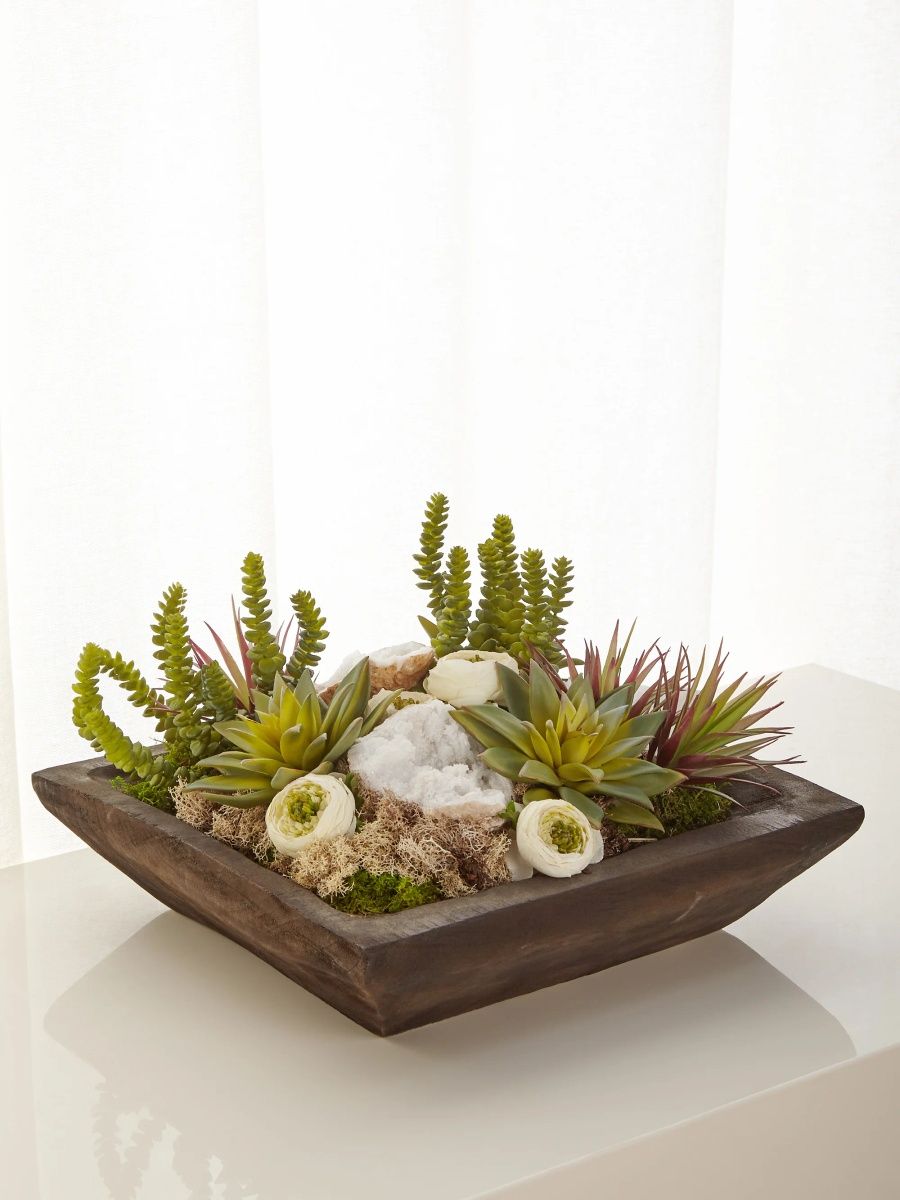 Artificial Silk Succulents & Quartz Arrangement - Green