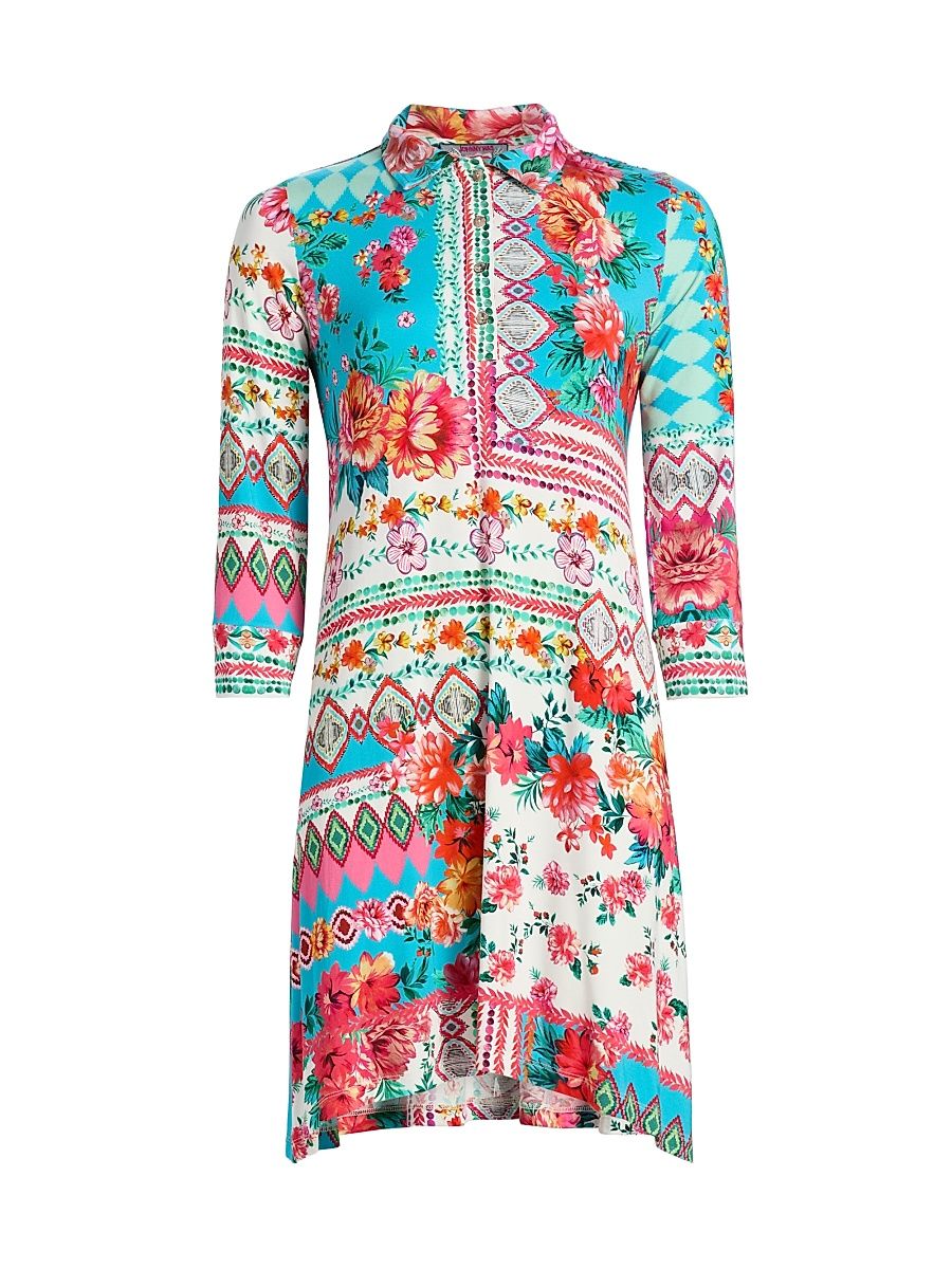 Women's Janie Floral Patchwork Mini-Shirtdress - Renata Scarf - Size XS