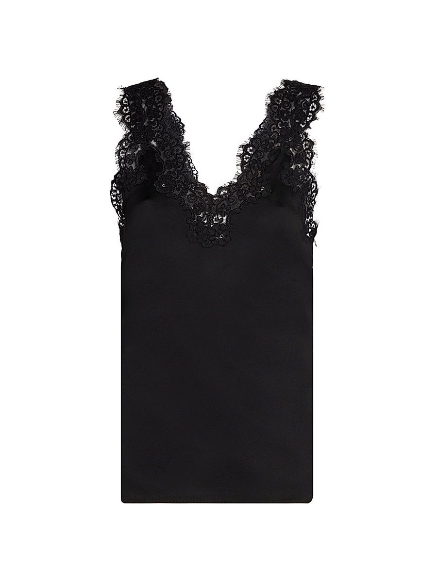 Women's Lace-Trimmed Satin Top - Black - Size 10