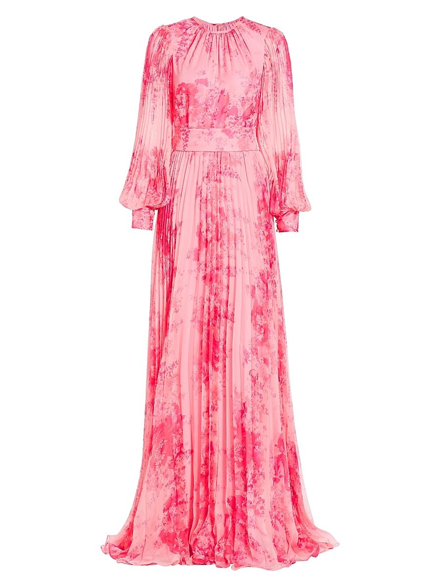 Women's Floral Pleated Gown - Pink Multi - Size 4